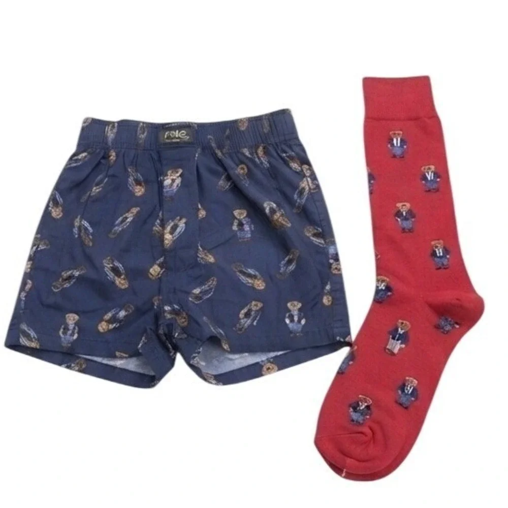Polo Ralph Lauren Mens Polo Bear Boxer Shorts Navy Blue Western Cowboy & Socks S